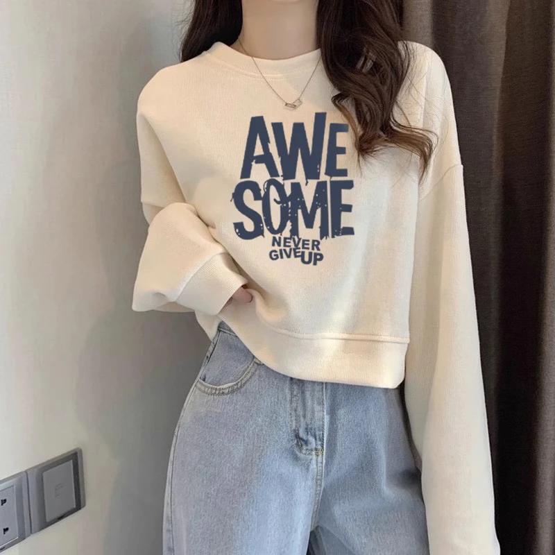 2025秋冬新款季圆领高腰短款小个子卫衣女薄款爆款宽松加绒上衣服