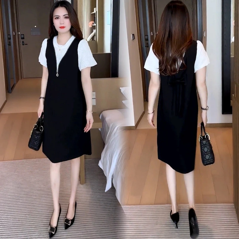 现货 时尚连衣裙女2025夏季新款洋气减龄中长款假两件拼接长裙