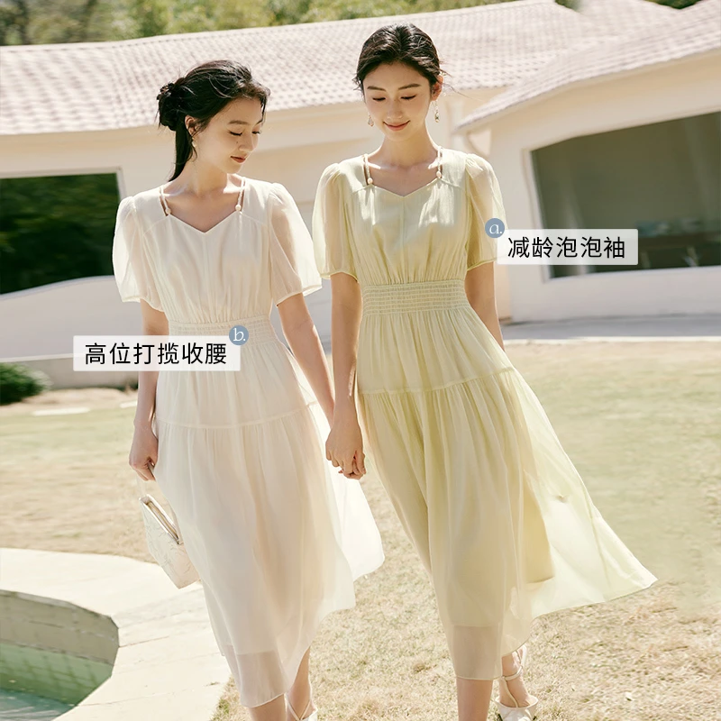 【粉丝专享】L65S565连衣裙 香影方领连衣裙女夏季新款打揽收腰海