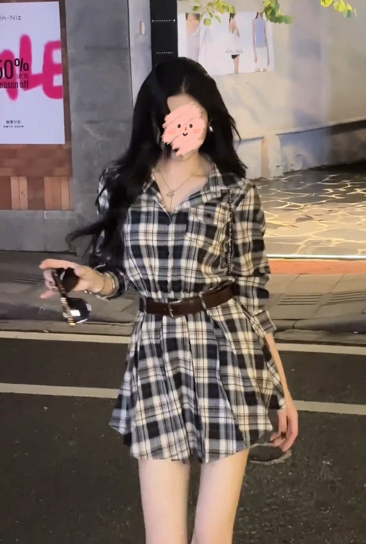 初秋复古收腰格纹长袖衬衫连衣裙