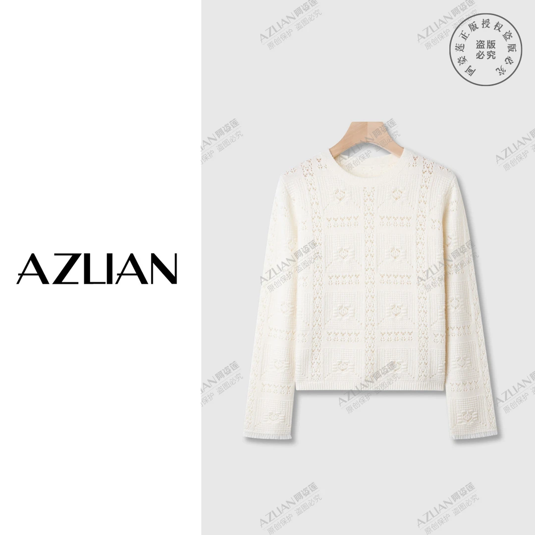 【阿姿莲】气质镂空立体钩花针织圆领羊绒套头长袖上衣女 PX-2121