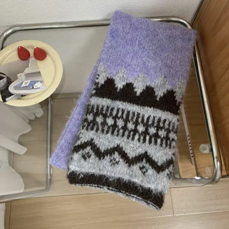 '紫咖费尔岛' 复古提花拼色针织加厚保暖围巾百搭显白