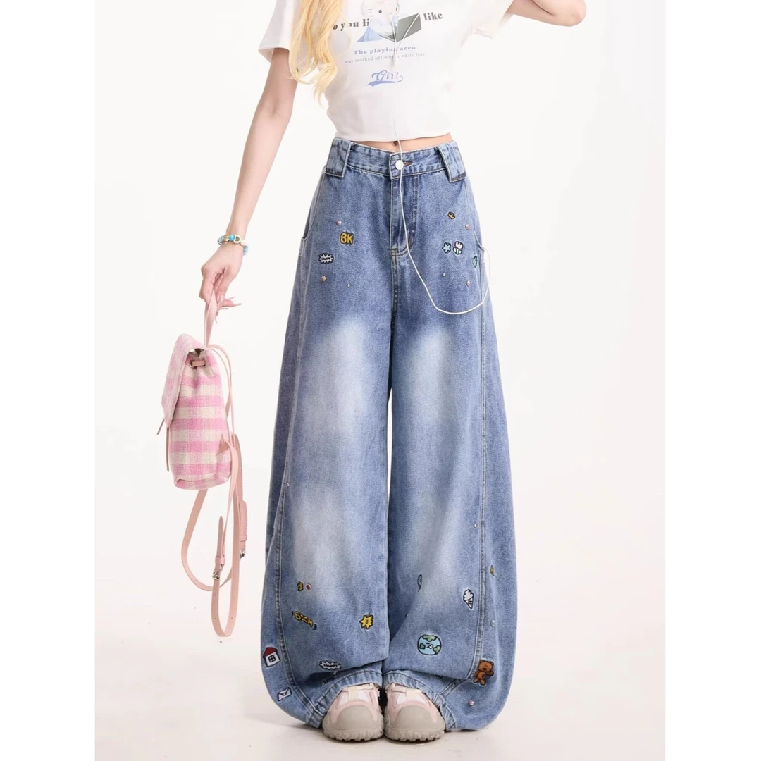 美式趣味卡通牛仔裤男女小众潮牌水洗百搭休闲裤痞帅设计感弯刀裤