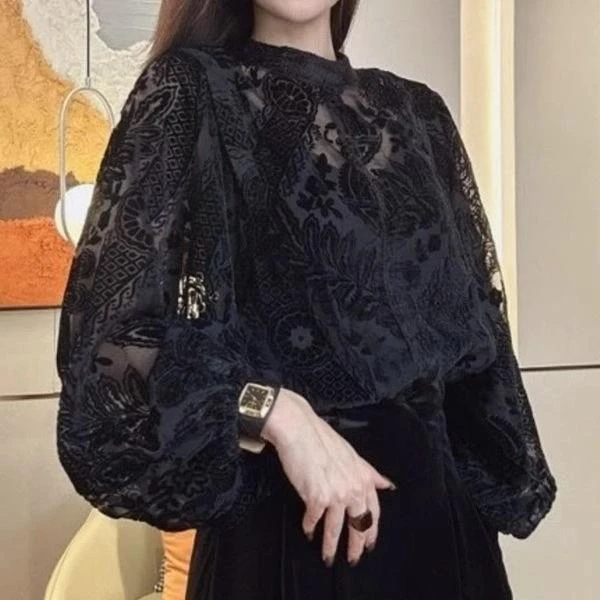 2025休闲百搭长袖拼接蕾丝正反两穿蕾丝衬衫上衣小衫珠片复古上衣