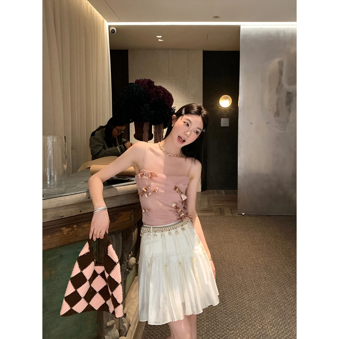 区区欧阳 天丝腰带半身裙女夏季新款短款百褶裙高腰短裙A字裙裙子