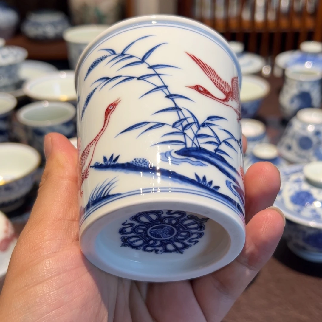 无***雨精品青花釉里红飞鸣宿食图小可乐杯口径约8.2厘米