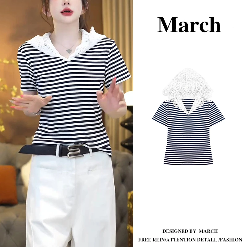 欧货拼接蕾丝连帽条纹短袖T恤女大码胖MM夏季超好看单穿上衣-5858