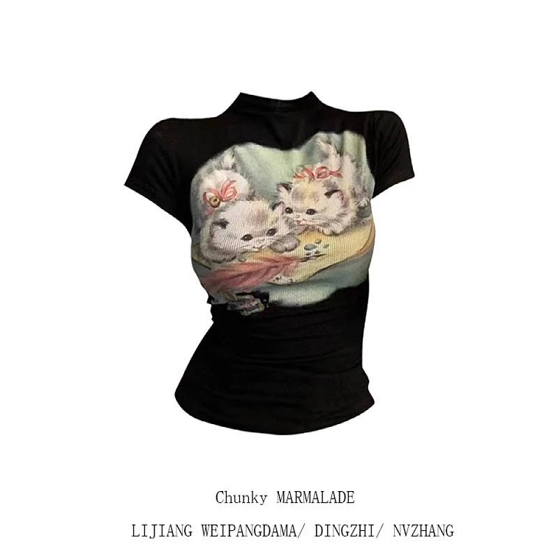 大码美式辣妹猫咪印花正肩短袖t恤女2025年夏季修身显瘦紧身上衣