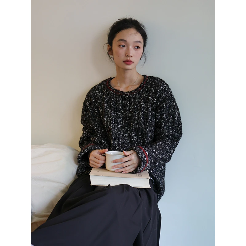 SUPERSCAPE素舶  反缝撞色圆领坑条肌理混色针织套头