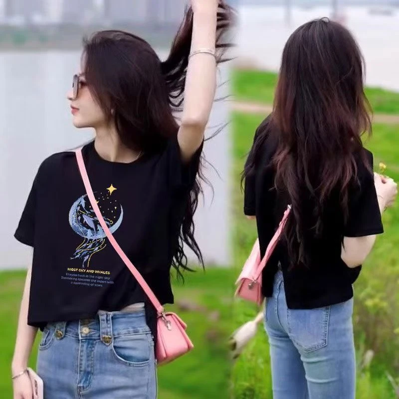 夏季新款时尚圆领后背开叉短袖T恤女百搭设计感洋气显瘦上衣