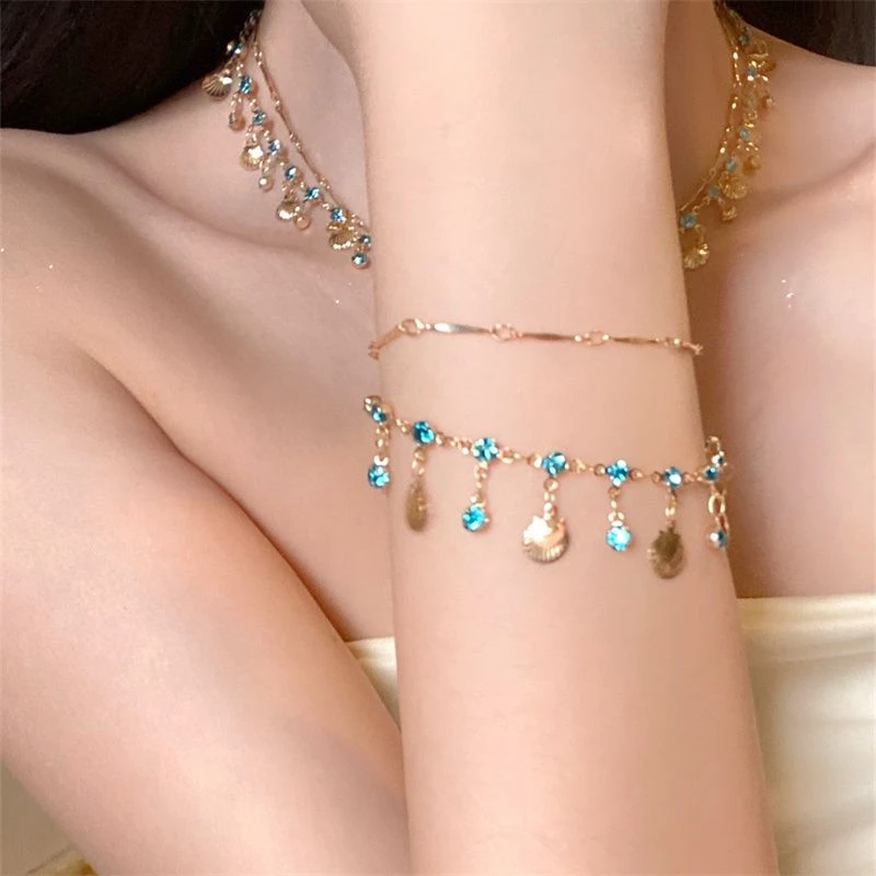 合金手链 夏天沙滩小众设计感高级双层手链女甜美电镀合蓝铃铛植