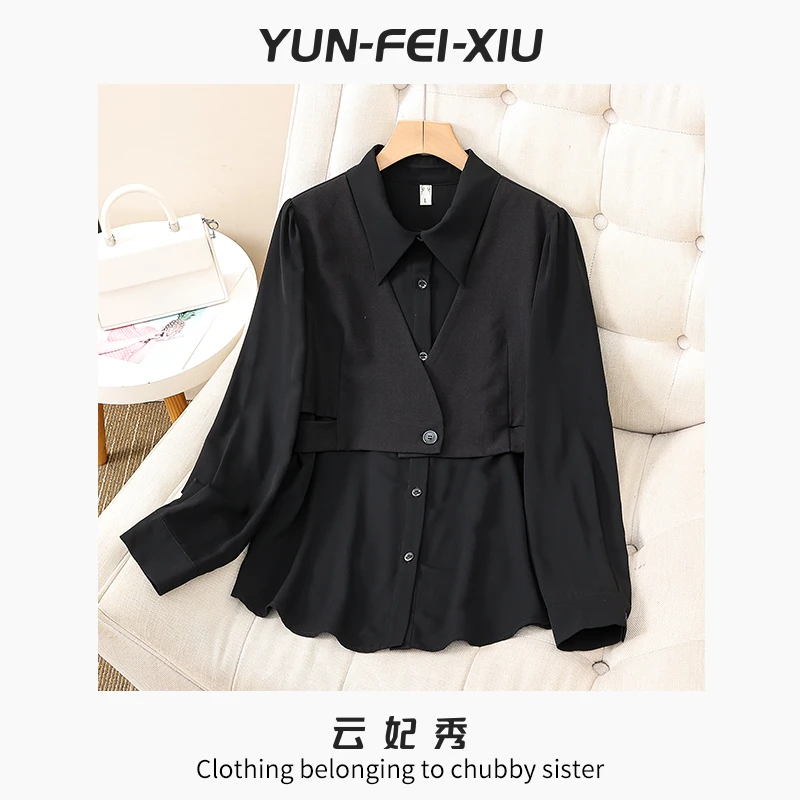 云妃秀大码女装衬衫时尚休闲宽松减龄显瘦假两件胖妹妹秋25020