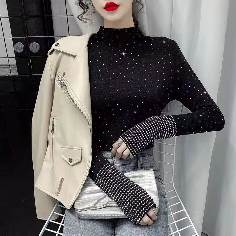 秋冬新款打底衫星空女时尚烫钻上衣修身显瘦长袖T恤有米