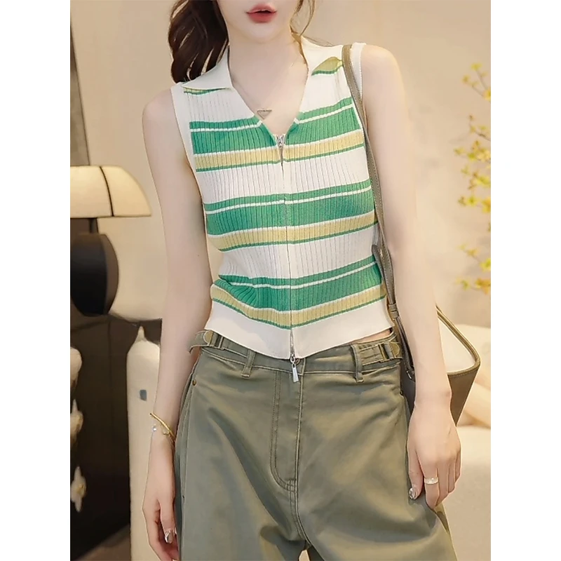 泫雅风辣妹针织无袖吊带背心女2025年夏季新款撞色条纹polo领上衣
