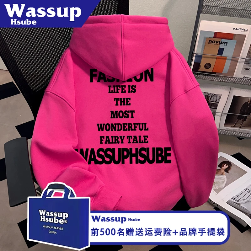 WASSUP HSUBE秋冬季男女款连帽套头上衣原创字母印花火龙果色卫衣