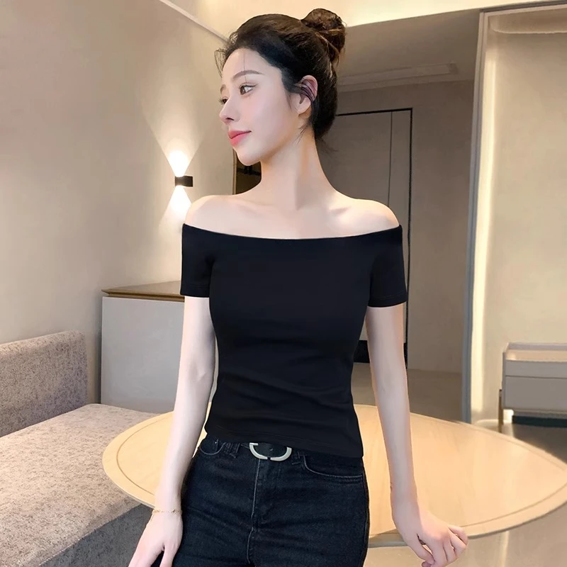 黑色露肩短袖t恤女2025新款夏季修身显瘦纯棉法式锁骨一字肩上衣