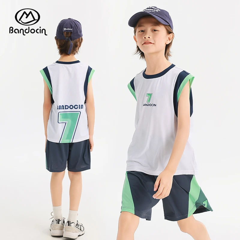 BANDOCIN/半度闲男童夏季轻薄无袖冰感拼色上衣透气短裤运动套装