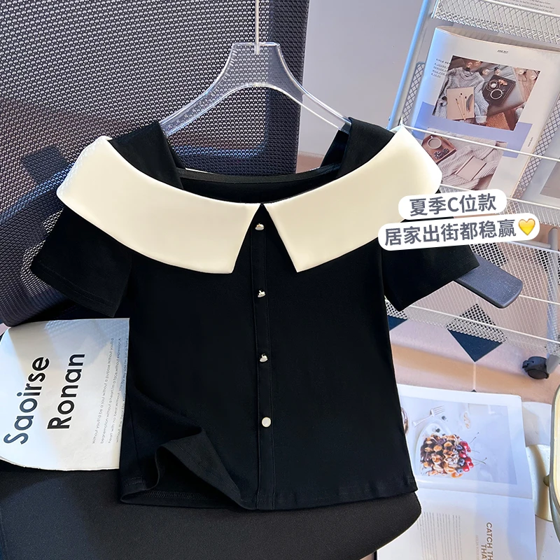 设计感一字领荷叶边短袖T恤女装2025夏季新款小个子短款撞色上衣