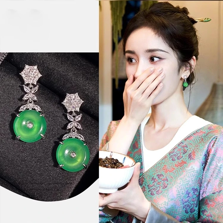 铜合金耳饰 明星同款绿色新中式耳环平安扣中式国风耳钉新款女士