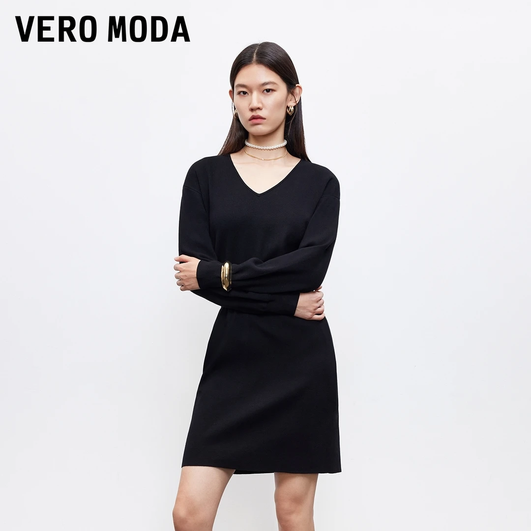 Vero Moda连衣裙2025秋季新款V领纯色收腰显瘦针织裙时尚百搭女装