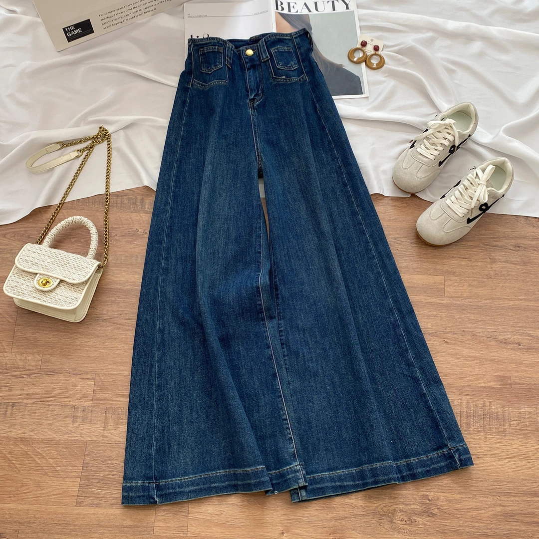 复古阔腿牛仔裤女秋季2025新款加绒高腰显瘦宽松不贴腿喇叭拖地裤