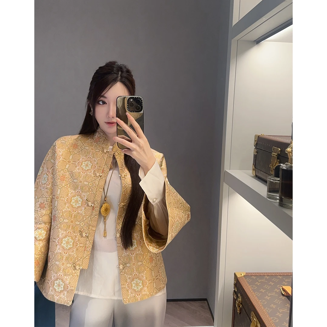 SX善喜高端精致宋锦国风外套女立领八分袖气质显贵新中式上衣