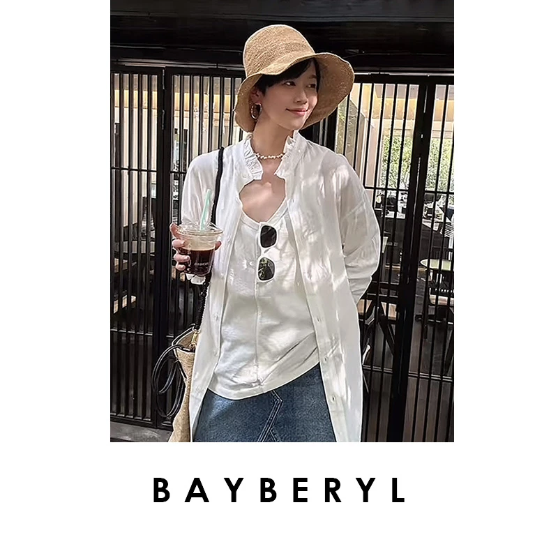 CC08-BAYBERYL老贝木耳边白色单排扣亚麻立领气质秋衬衫NCY5A0619