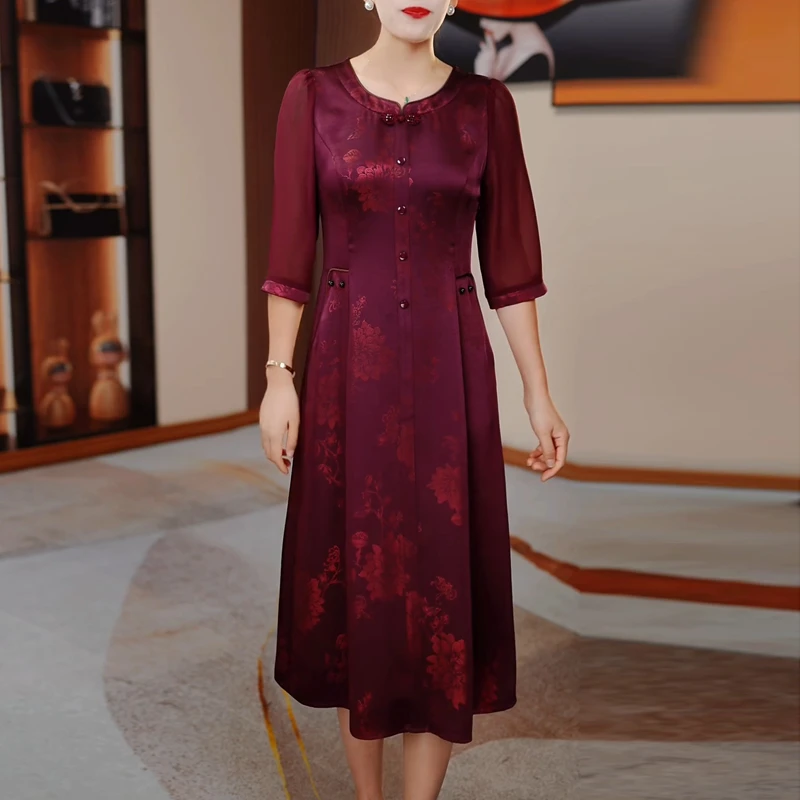 2025年秋夏新款气质百搭显瘦中长款连衣裙改良旗袍裙妈妈喜宴裙子