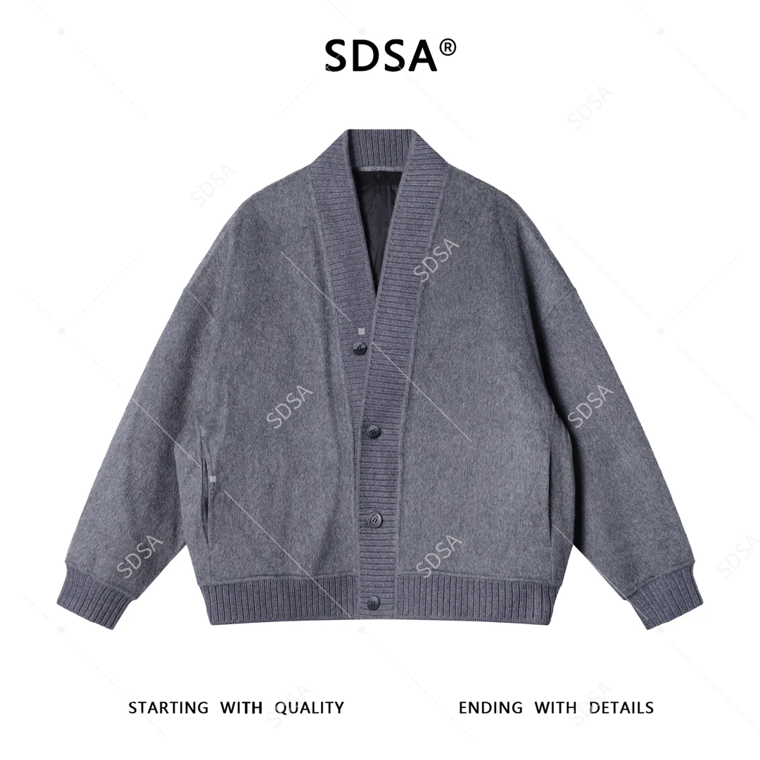 SDSA男士秋冬新款痞帅男装潮牌纯色V领羊毛大衣羽绒服两件套百搭