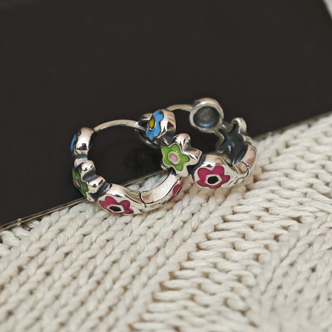 925银耳饰 S925纯银彩色滴釉花朵耳扣百搭时尚复古小众个性手工