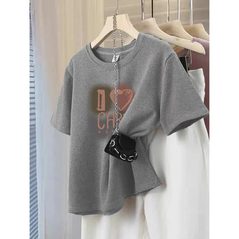 磨毛厚款正肩短袖t恤女2025新款秋季新款灰色上衣纯棉百搭打底衫