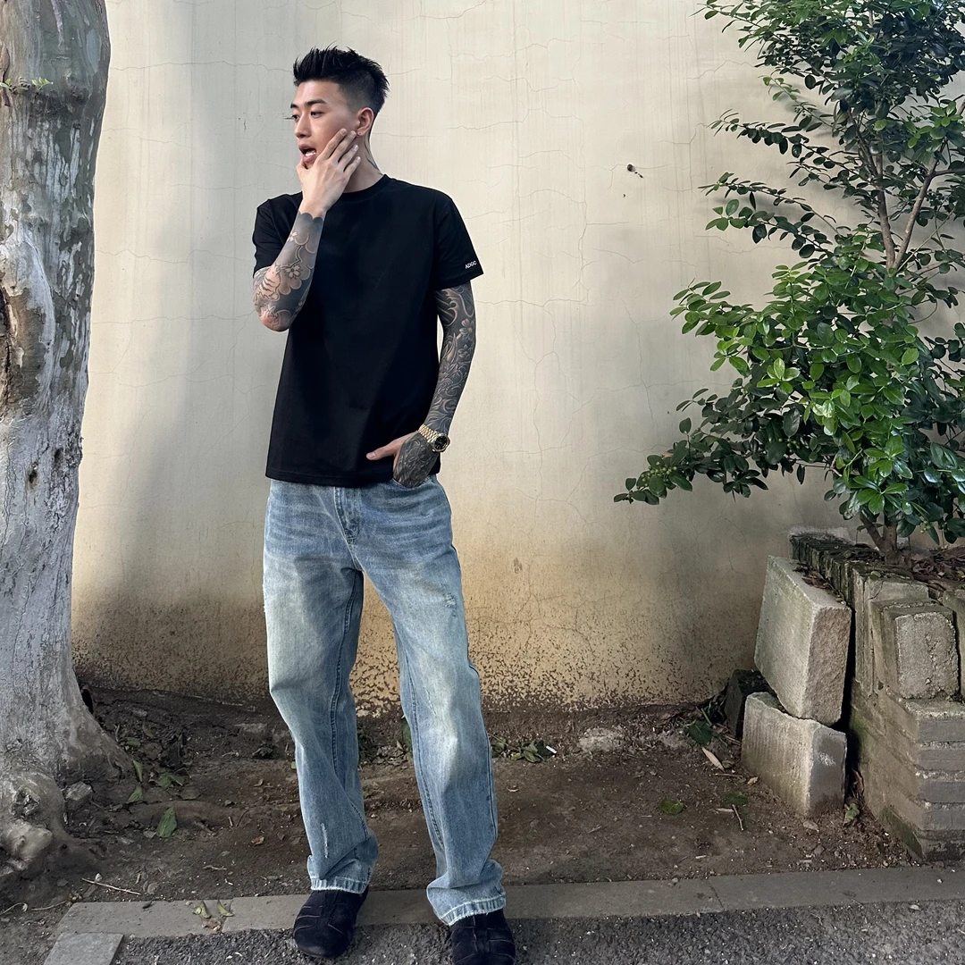 ADGC美式高街水洗蓝色牛仔裤子男春秋季复古做旧纹理vibe直筒长裤