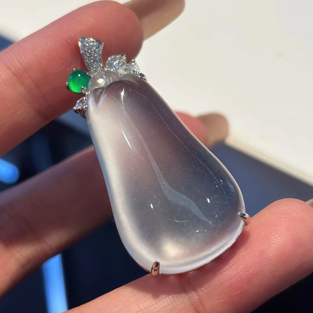 VISING珠宝天然石英质玉水沫冰透大胖福瓜吊坠项链毛衣链