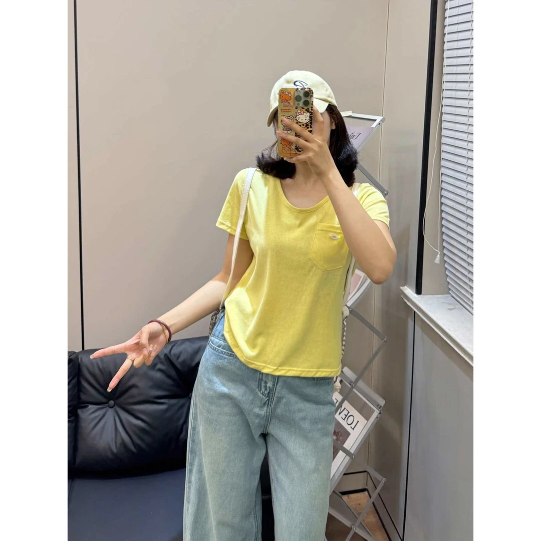 夏季新款设计感显瘦口袋纯色U领T恤上衣宽松休闲