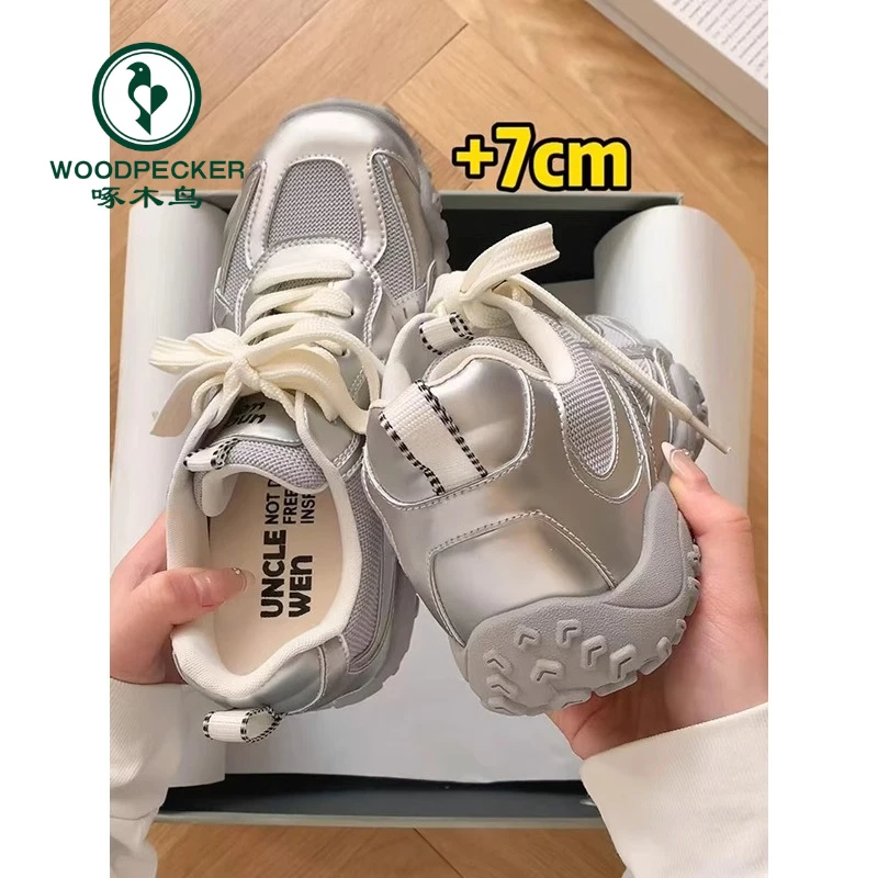 啄木鸟内增高7cm厚底网面德训鞋女2025夏小个子阿甘鞋休闲运动鞋