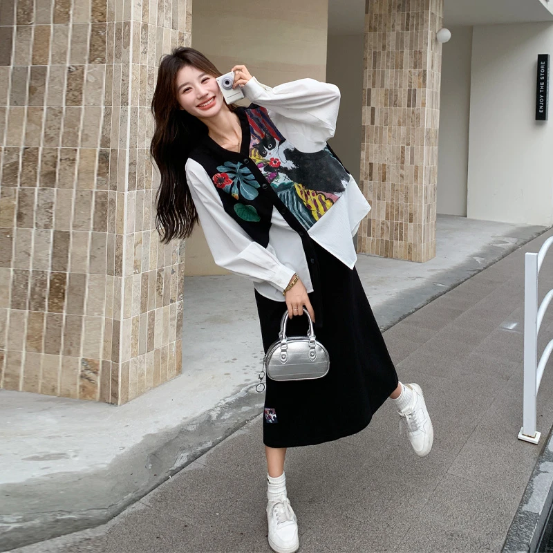 氛围感卡通印花衬衫套装裙女2025春秋新款甜酷韩系慵懒风两件套潮