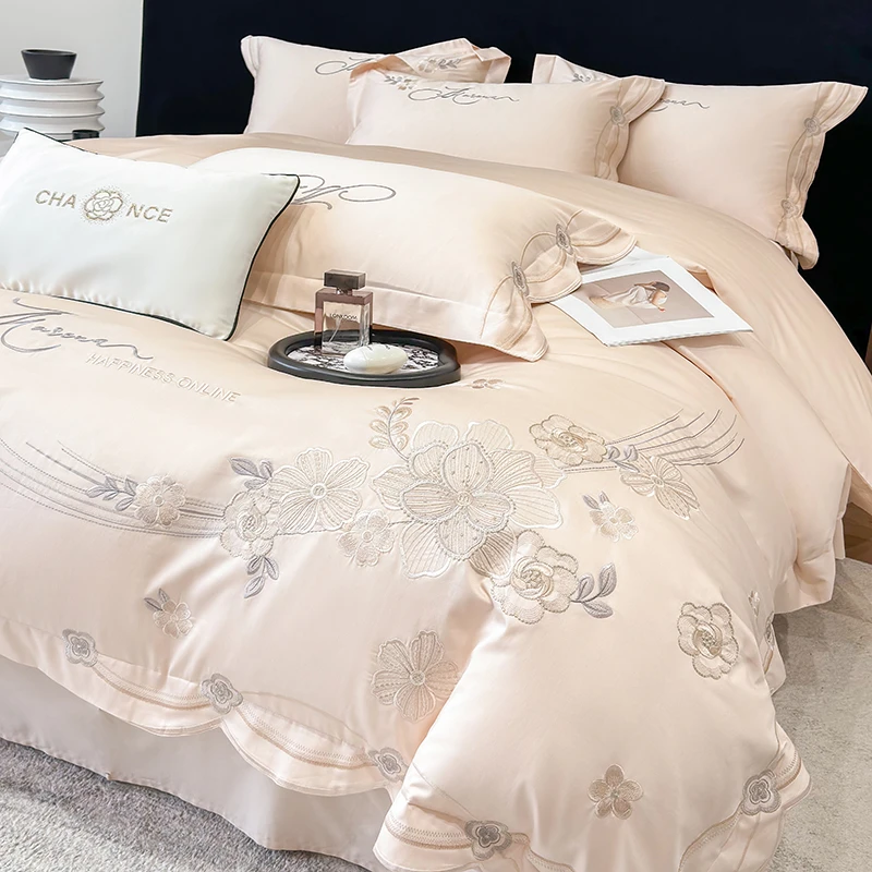 春夏A类母婴级长绒棉四件套高端全棉刺绣被套轻奢纯棉床单款床品4