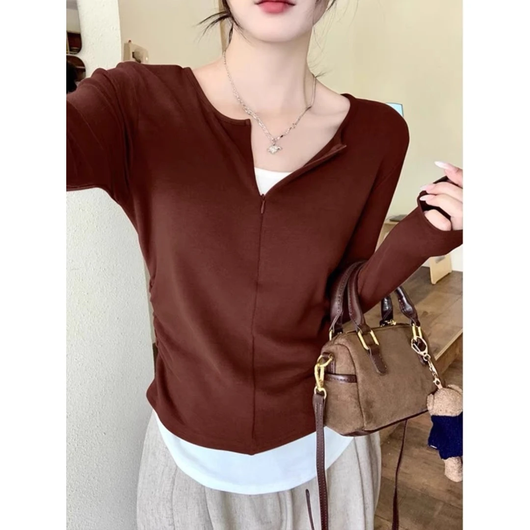 66751安可拉红色假两件拉链长袖T恤女秋冬褶皱修身内搭打底衫上衣