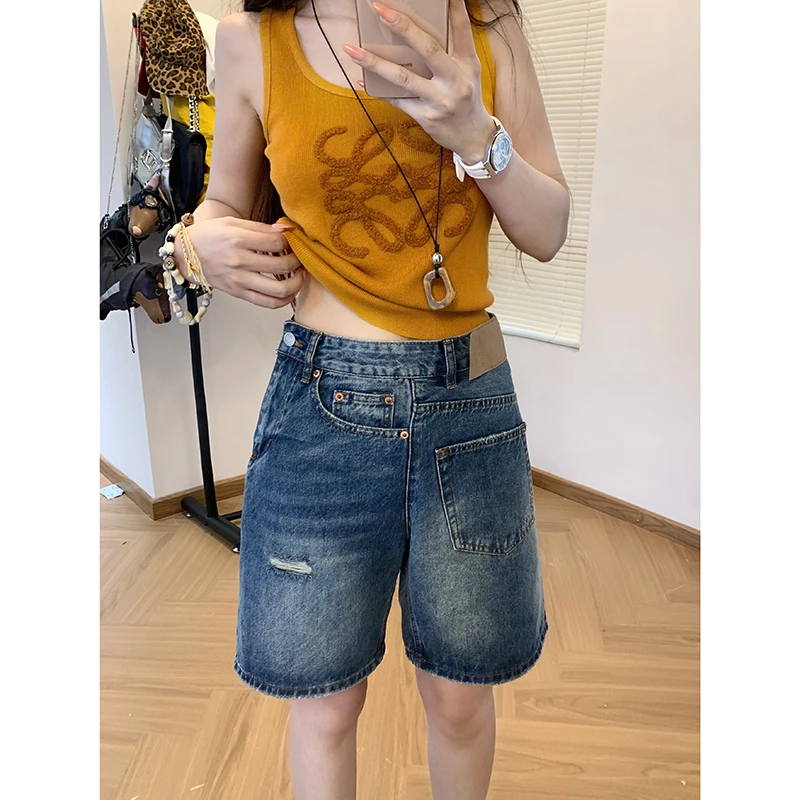 设计感旋转反穿破洞牛仔短裤女2025年秋季新款高腰宽松显瘦五分裤