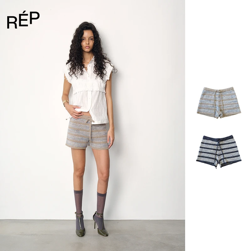 REP-JUNWEILIN设计师品牌燕麦色/蓝色混纱间条毛织短裤抽绳 25PF