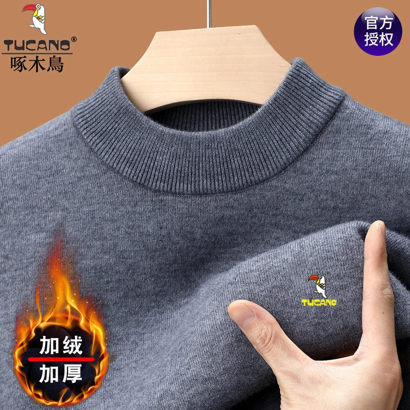 啄木鸟加绒加厚纯色羊毛衫半高领冬季男士毛衣一体绒打底羊毛衫