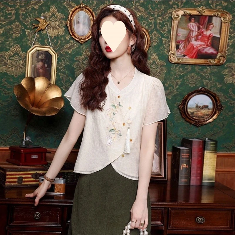 国风衬衫短袖夏装夏季2024新款刺绣古风泡泡新中式盘扣上衣女恤