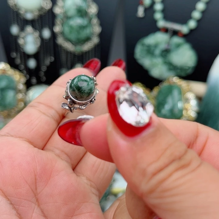 透闪石-蛇纹石玉银S925镶嵌戒指