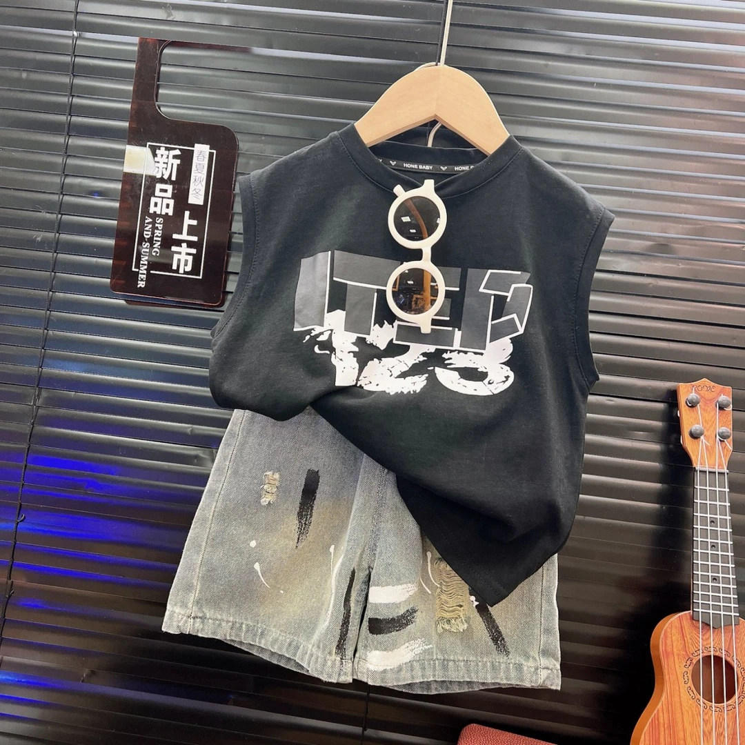 男童套装2025夏季新款洋气牛仔短裤时髦时尚背心儿童无袖背心潮