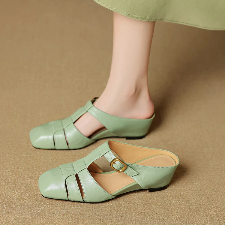 内增高编织包头半拖鞋女真皮2025新款夏方头丁字带中跟凉拖坡跟鞋