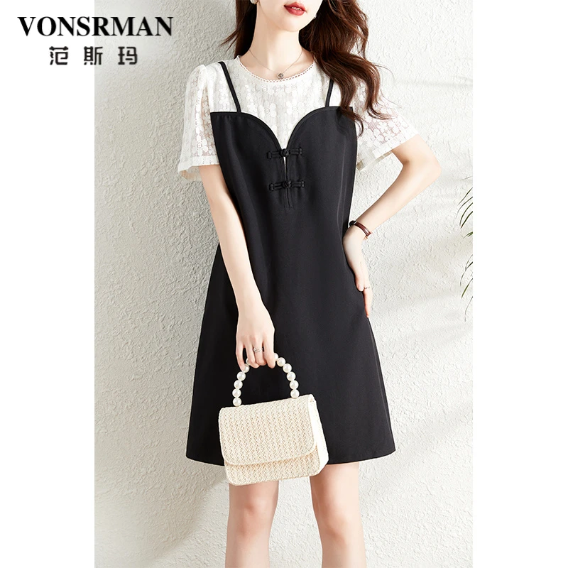 蕾丝拼接连衣裙女夏季2025新款假两件胖mm遮肚显瘦减龄法式a字裙