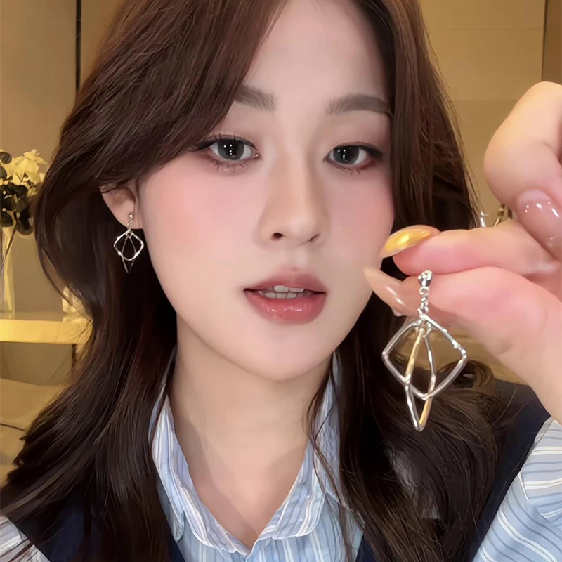 合金耳饰 银质双层方形耳环 简约时尚个性耳饰新款耳饰