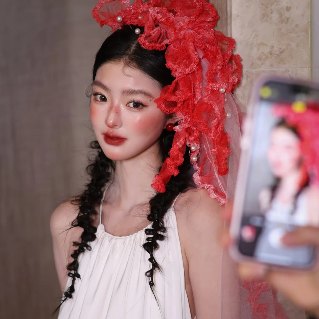 桔朵｜康康老师同款红色头纱新中式晨袍配饰