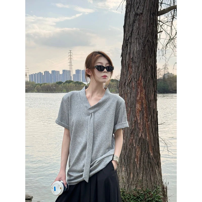 夏季飘带新款V领高级感气质显瘦T恤薄款宽松洋气