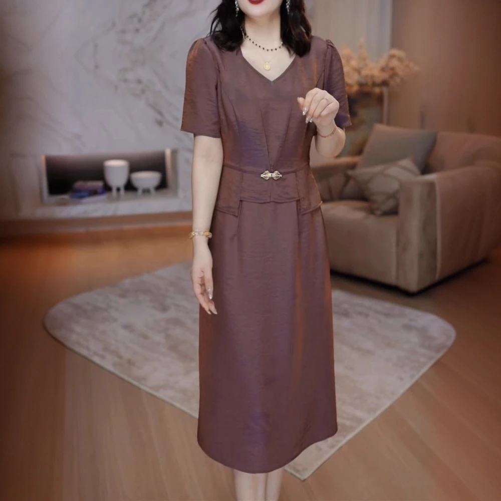 高档提花缎假两件新中式改良裙子2025夏季新款中国风遮肚子连衣裙